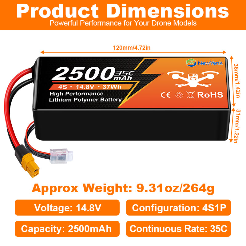 NewYenk 4S 2500mAh 14.8V 35C with XT60 LiPo Battery – High-Capacity Power for FPV Drones, Freestyle Quads and RC Airplanes
