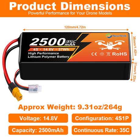 NewYenk 4S 2500mAh 14.8V 35C with XT60 LiPo Battery – High-Capacity Power for FPV Drones, Freestyle Quads and RC Airplanes