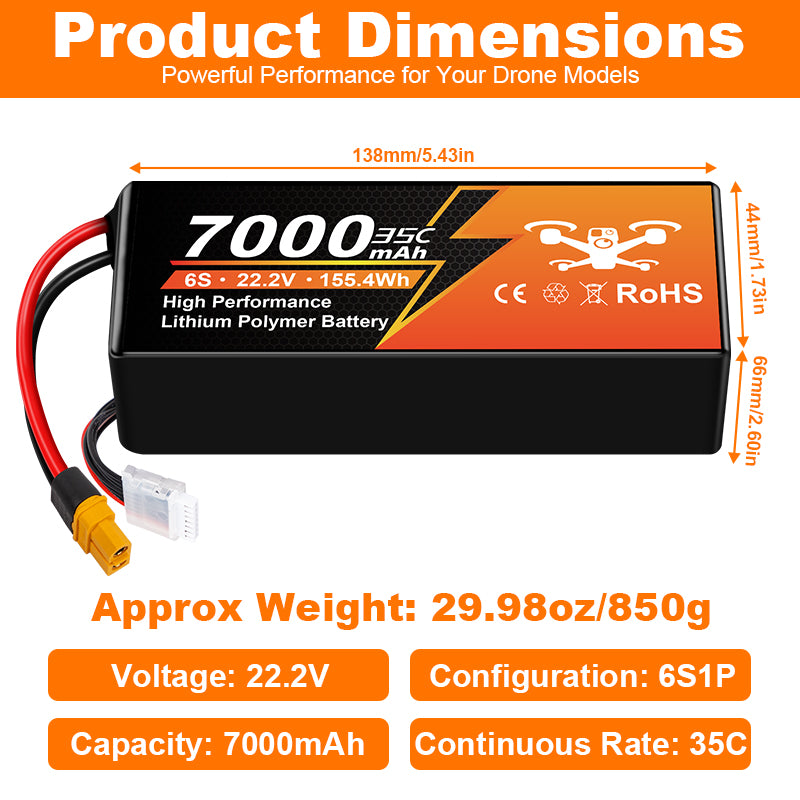 NewYenk 6S 7000mAh 22.2V 35C LiPo Battery – Ultra-Capacity Long-Endurance Pack for FPV Drones, Aerial Photography and RC Airplanes