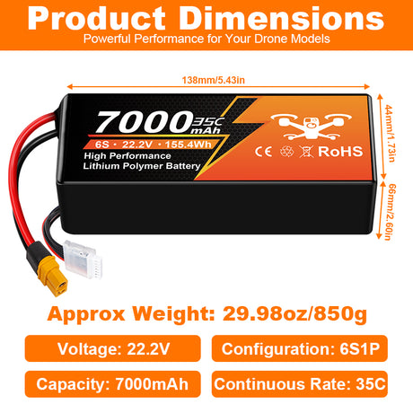 NewYenk 6S 7000mAh 22.2V 35C LiPo Battery – Ultra-Capacity Long-Endurance Pack for FPV Drones, Aerial Photography and RC Airplanes