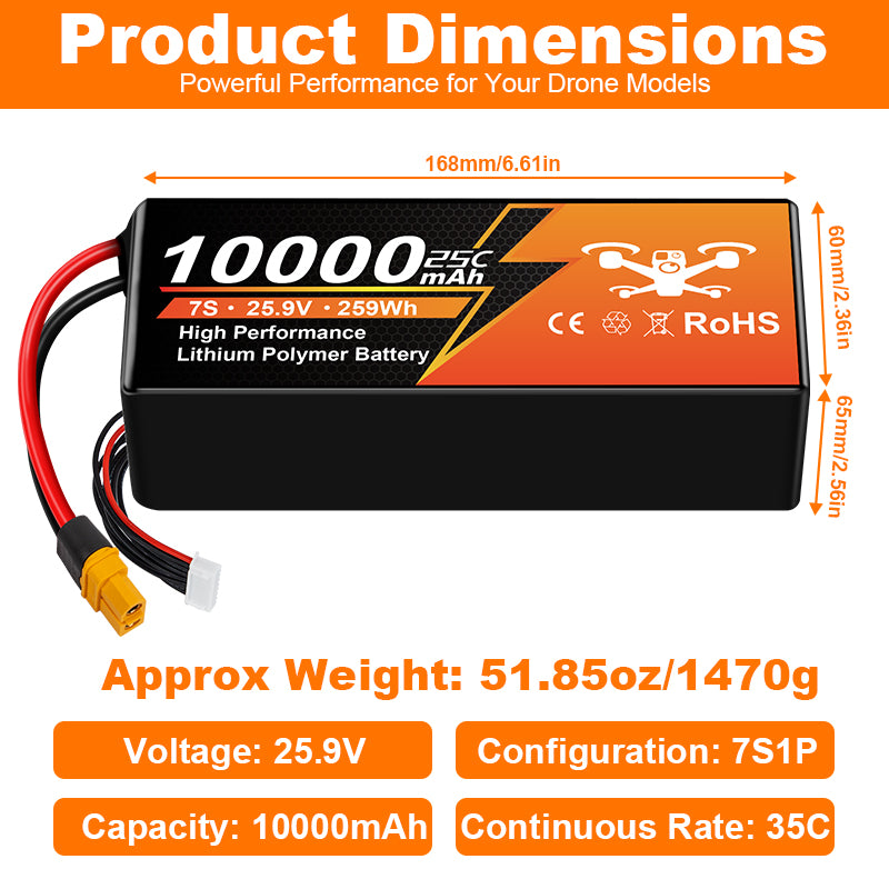 NewYenk 7S 10000mAh 25.9V 25C LiPo Battery With XT90– Ultra-Capacity Long-Endurance Pack for FPV Drones, Aerial Photography and RC Airplanes