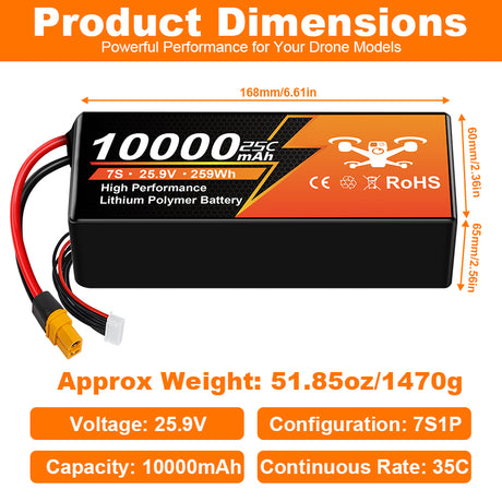 NewYenk 7S 10000mAh 25.9V 25C LiPo Battery With XT90– Ultra-Capacity Long-Endurance Pack for FPV Drones, Aerial Photography and RC Airplanes