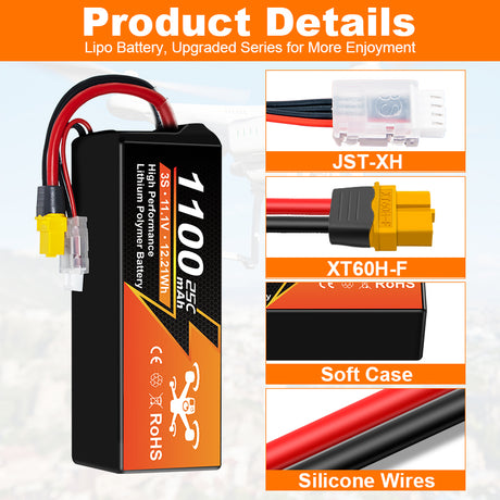 NewYenk 3S 1100mAh 11.1V 25C with XT30 LiPo Battery for FPV Drones & RC Planes