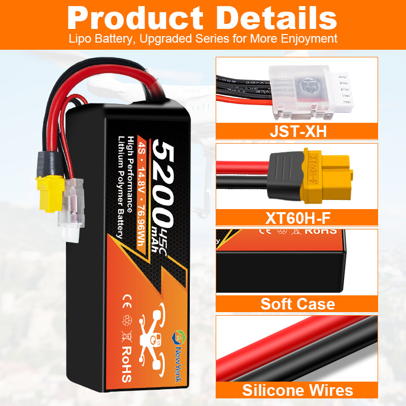 NewYenk 4S 5200mAh 14.8V 45C EC5 LiPo Battery – High-Discharge Power for FPV Drones, Aerial Photography and RC Airplanes