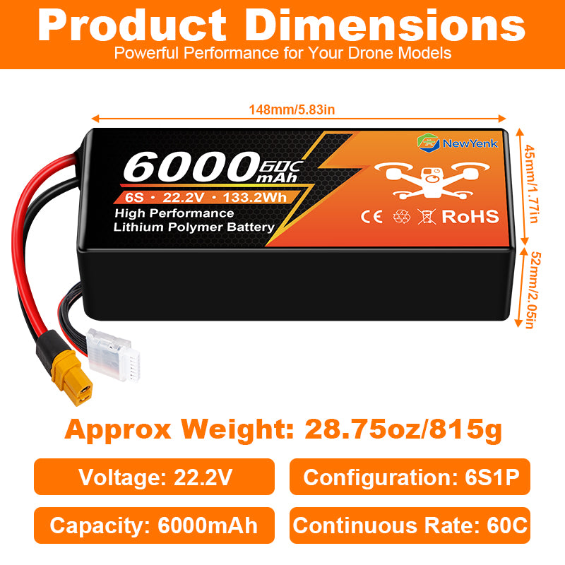 Newyenk 6000mAh 6S 60C 100% LCO Lipo Battery With XT60/XT90/EC5 Plug