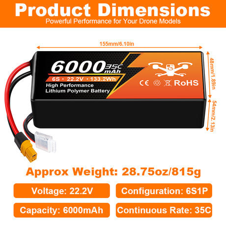 NewYenk 6S 6000mAh 22.2V 35C LiPo Battery – High-Capacity Long-Endurance Pack for FPV Drones, Aerial Photography and RC Airplanes