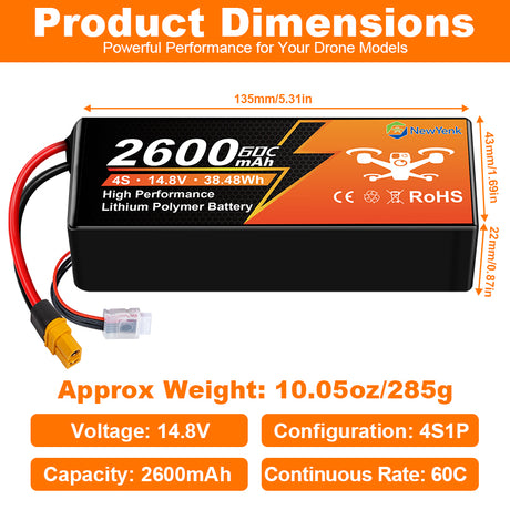 NewYenk 4S 2600mAh 14.8V 60C with XT60 LiPo Battery – High-Discharge Power for FPV Racing Drones, Freestyle Quads and RC Airplanes