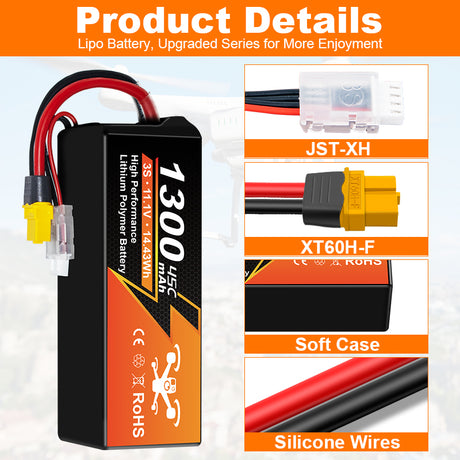 NewYenk 3S 1300mAh 11.1V 45C With XT60/30 LiPo Battery for FPV Drones & RC Planes