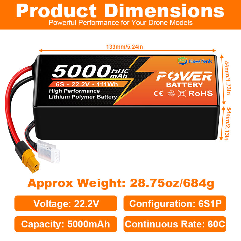 Newyenk 6S 5000mAh 60C 100% LCO Lipo Battery with EC5/XT90 100% LCO