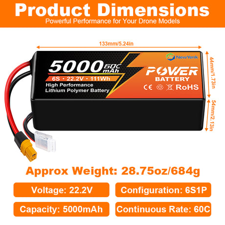 Newyenk 6S 5000mAh 60C 100% LCO Lipo Battery with EC5/XT90 100% LCO