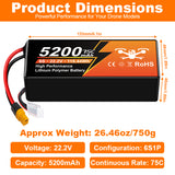 NewYenk 6S 5200mAh 22.2V 75C With XT60 LiPo Battery – Ultra-High Discharge Power for FPV Drones, Aerial Photography and RC Airplanes