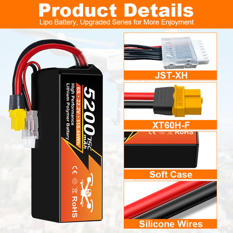 NewYenk 6S 5200mAh 22.2V 75C With XT60/EC5 LiPo Battery