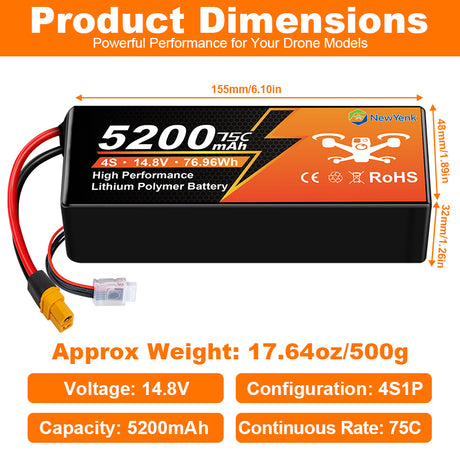 NewYenk 4S 5200mAh 14.8V 75C with EC5/Deans T LiPo Battery with EC5/XT60 Connector – High Power Pack for FPV Drones, RC Airplanes and Cars