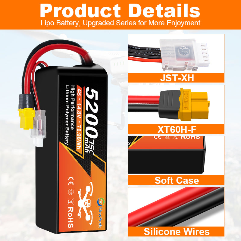 NewYenk 4S 5200mAh 14.8V 75C with EC5/Deans T LiPo Battery with EC5/XT60 Connector – High Power Pack for FPV Drones, RC Airplanes and Cars