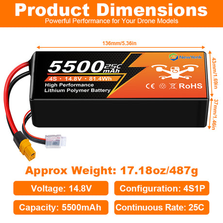 NewYenk 4S 5500mAh 14.8V 25C with Deans T/EC5 LiPo Battery – High-Capacity Power for FPV Drones, Aerial Photography and RC Airplanes